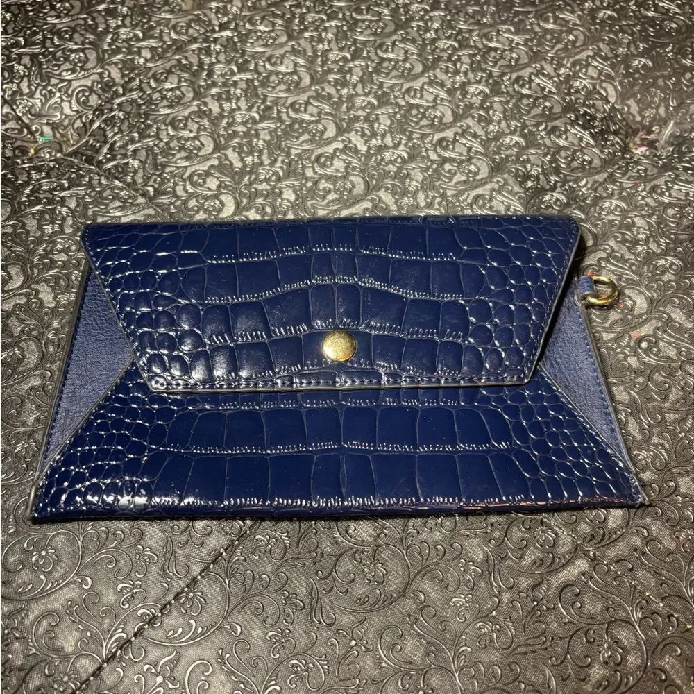 Navy Croc-Embossed Envelope Clutch NWOT